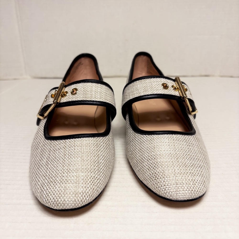 NWOB J. Crew Teagan Mary Jane Heels in Spanish Canvas Cream & Black - Picture 5 of 10